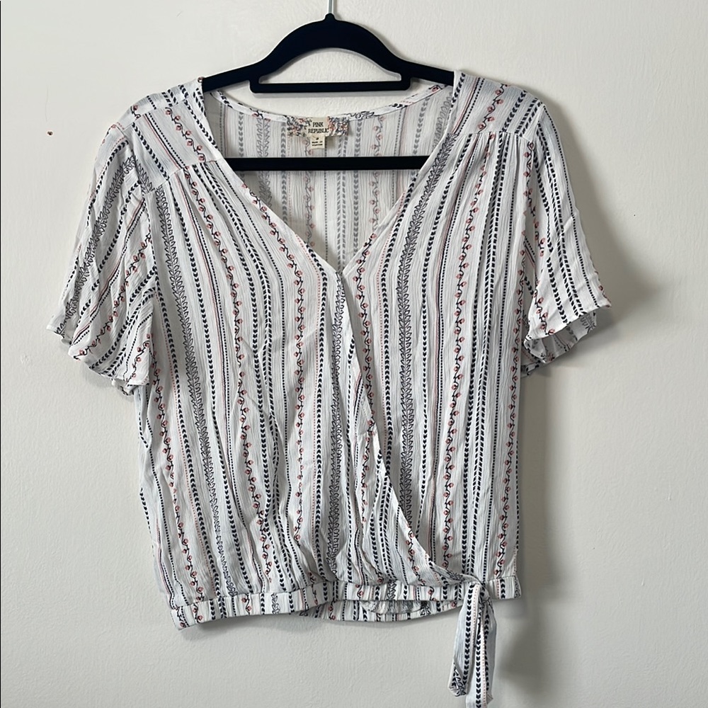 Pink Republic White and Black with orange Striped Wrap Blouse